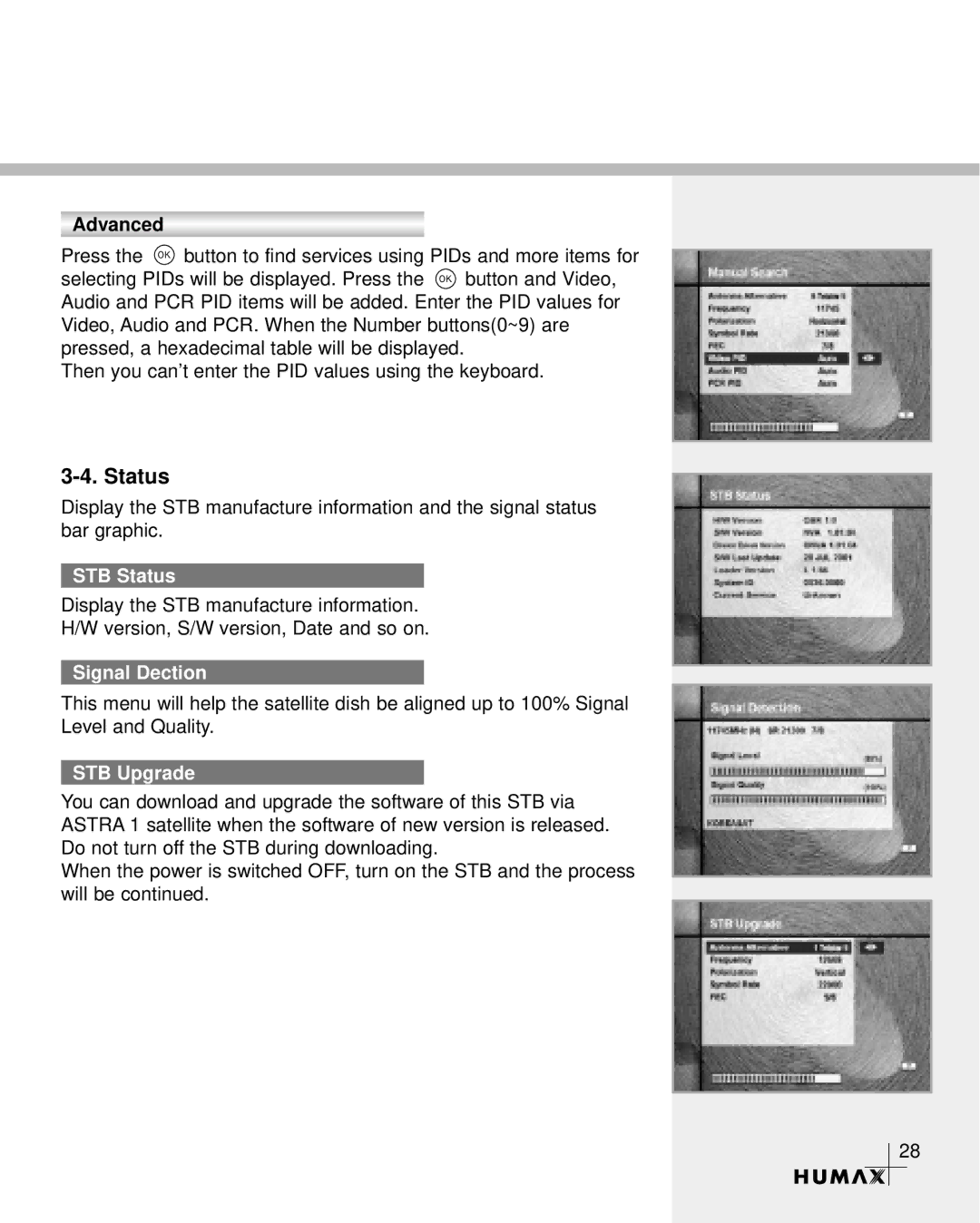 Humax VA-3210 manual Advanced, STB Status, Signal Dection, STB Upgrade 