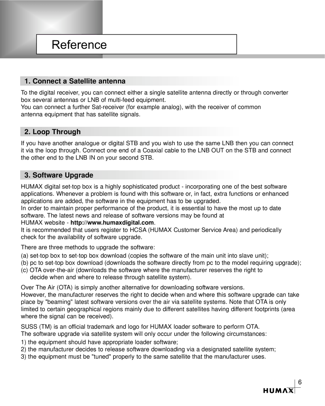 Humax VA-3210 manual Reference, Connect a Satellite antenna, Loop Through, Software Upgrade 