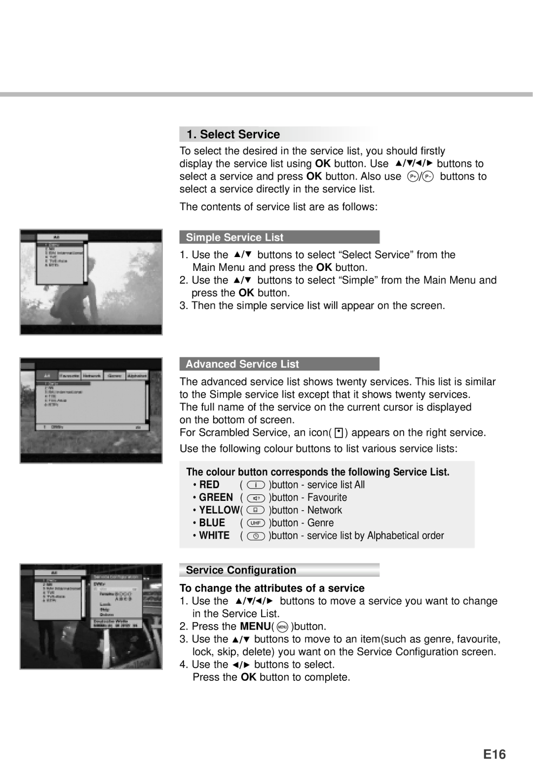 Humax NACI-5700 E16, Simple Service List, Advanced Service List, Colour button corresponds the following Service List 