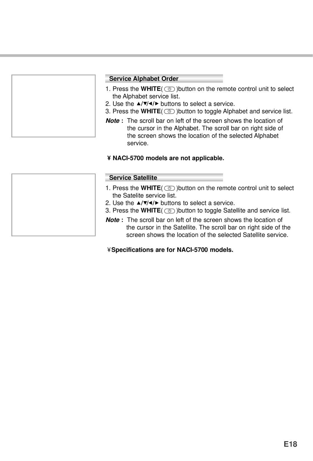 Humax CI-5100, VA-5200, VACI-5300 manual E18, Service Alphabet Order, NACI-5700 models are not applicable Service Satellite 