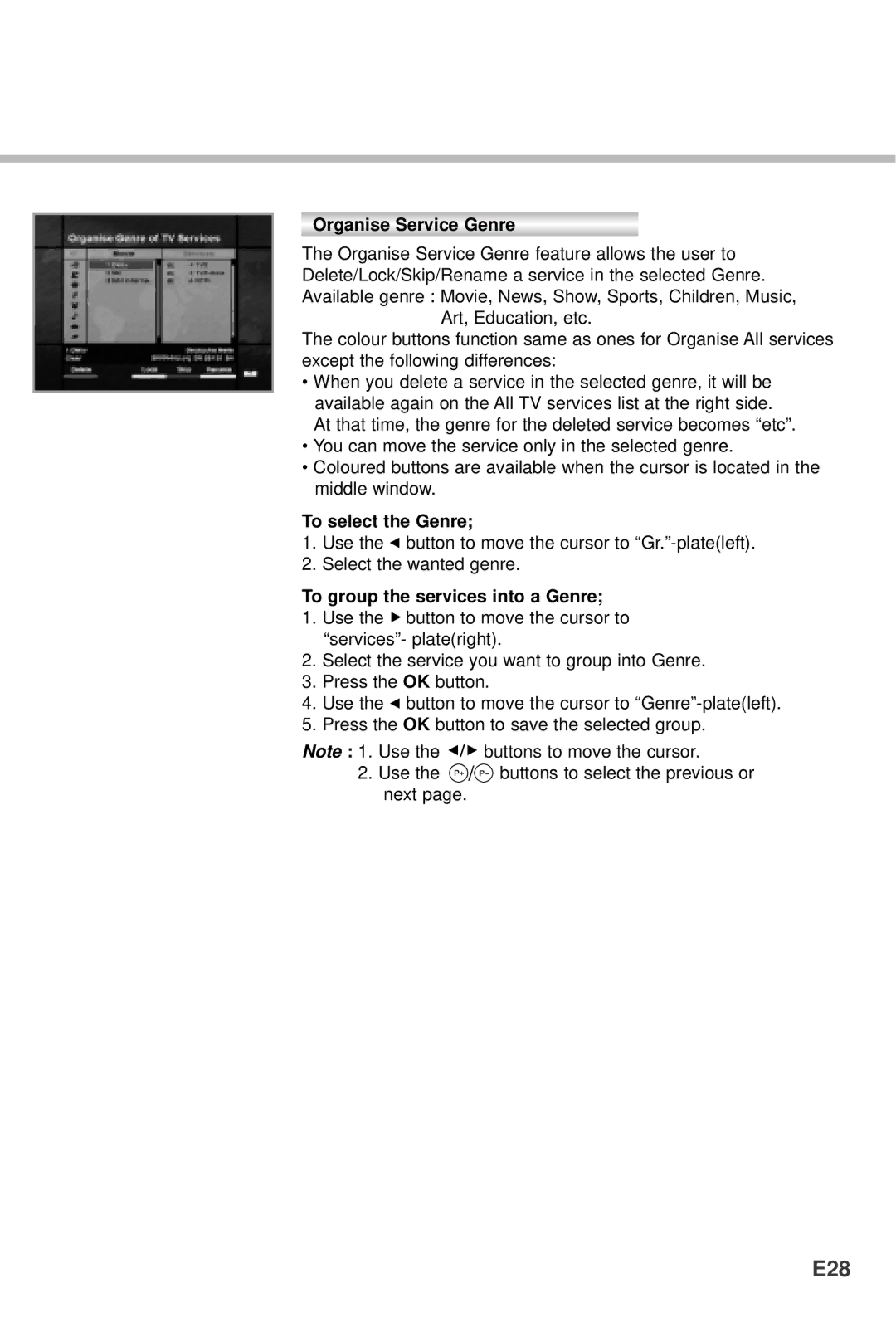 Humax CI-5100, VA-5200, VACI-5300 manual E28, Organise Service Genre, To select the Genre, To group the services into a Genre 