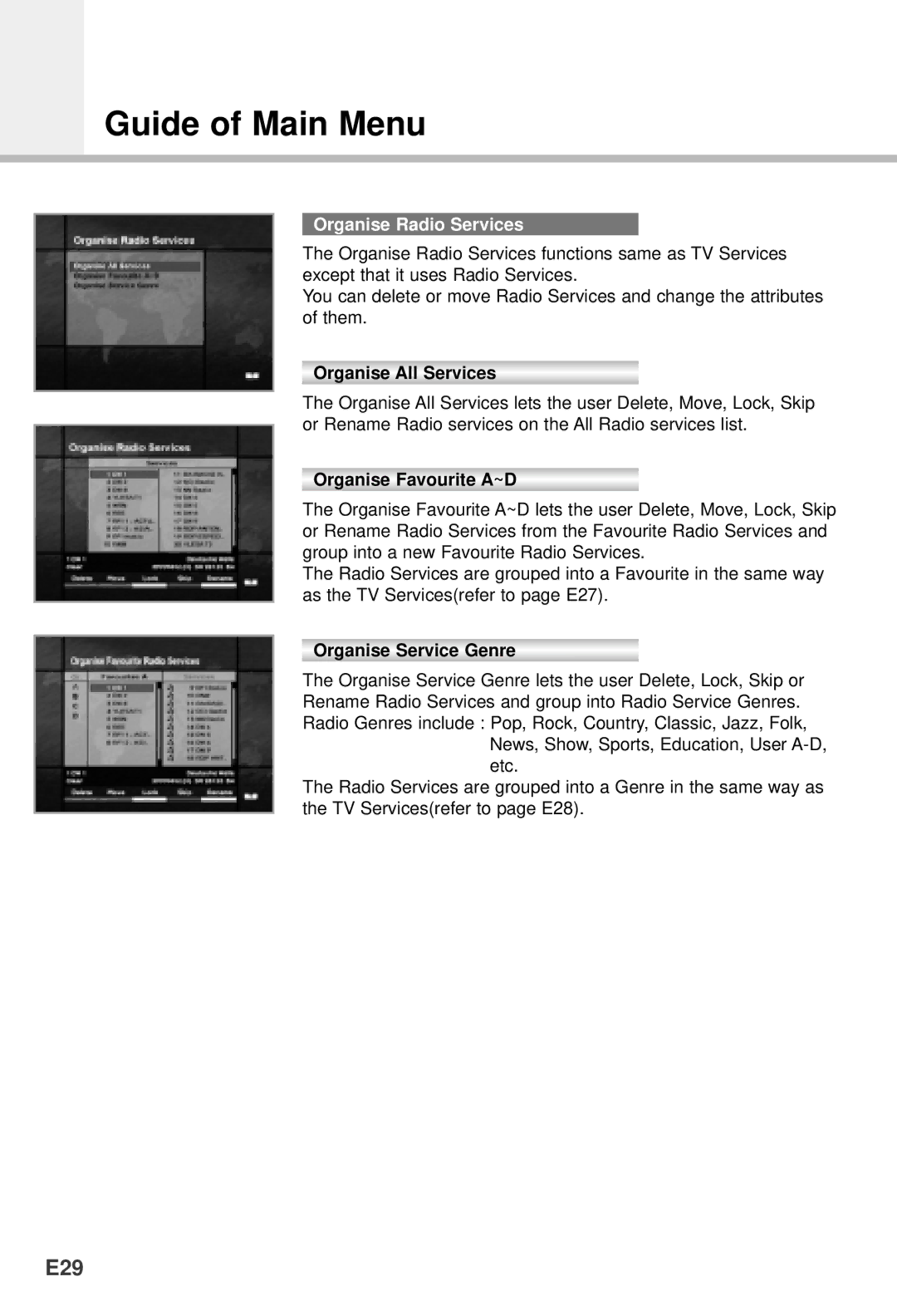 Humax VA-5200, VACI-5300, NACI-5700, F1-5000, CI-5100 manual E29, Organise Radio Services 