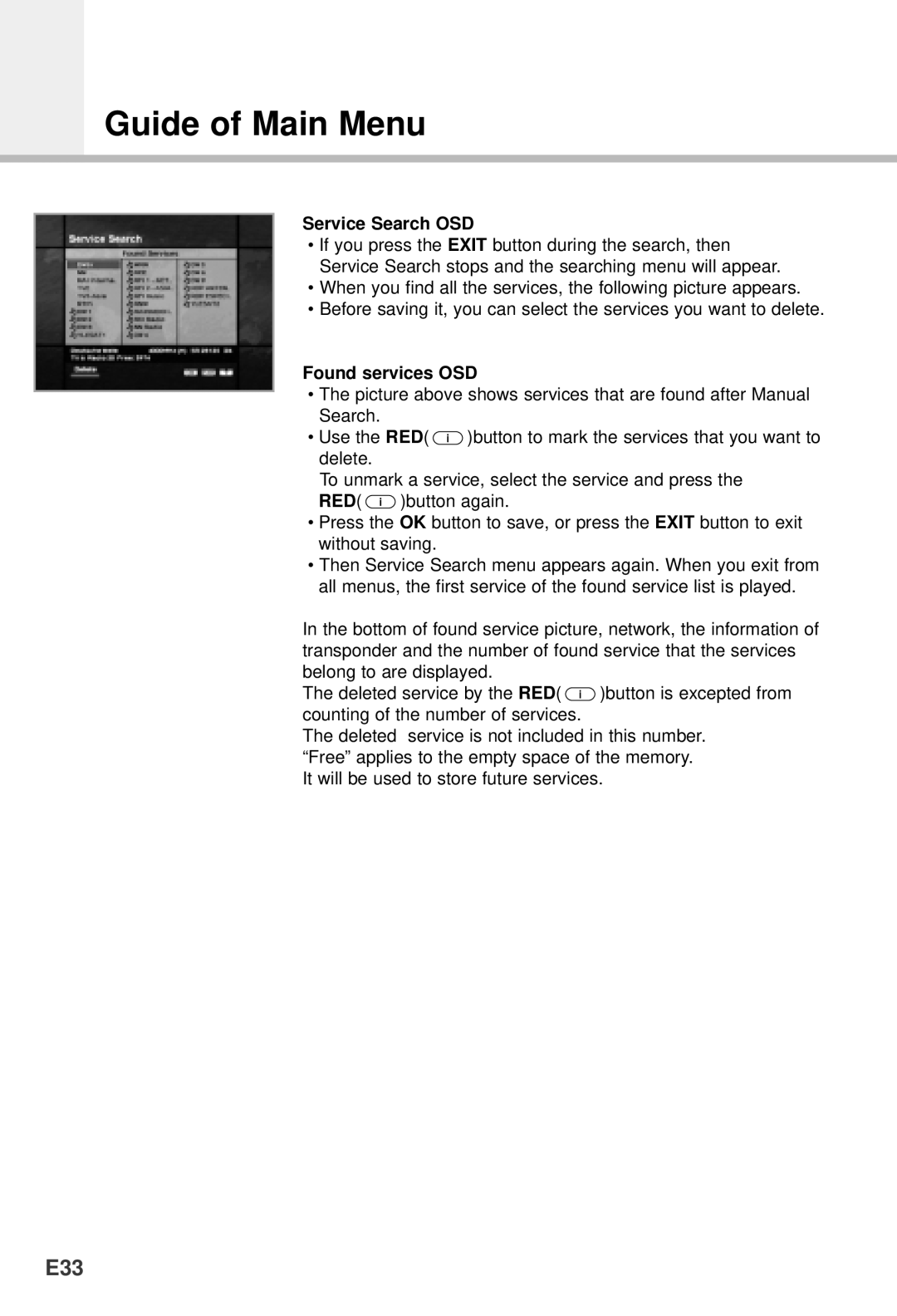 Humax CI-5100, VA-5200, VACI-5300, NACI-5700, F1-5000 manual E33, Service Search OSD, Found services OSD 