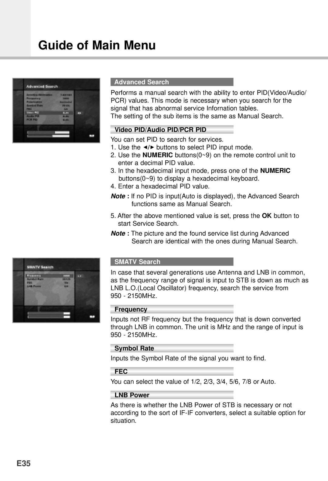 Humax VACI-5300, VA-5200, NACI-5700, F1-5000 manual E35, Advanced Search, Video PID/Audio PID/PCR PID, Smatv Search, LNB Power 