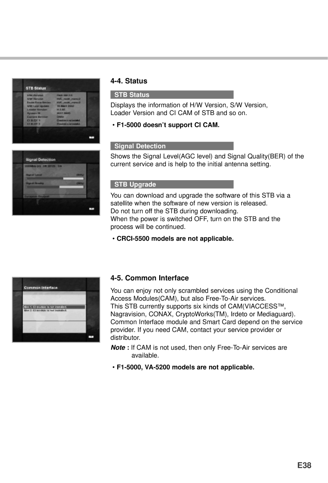 Humax CI-5100, VA-5200, VACI-5300, NACI-5700, F1-5000 manual E38, Status, Common Interface 