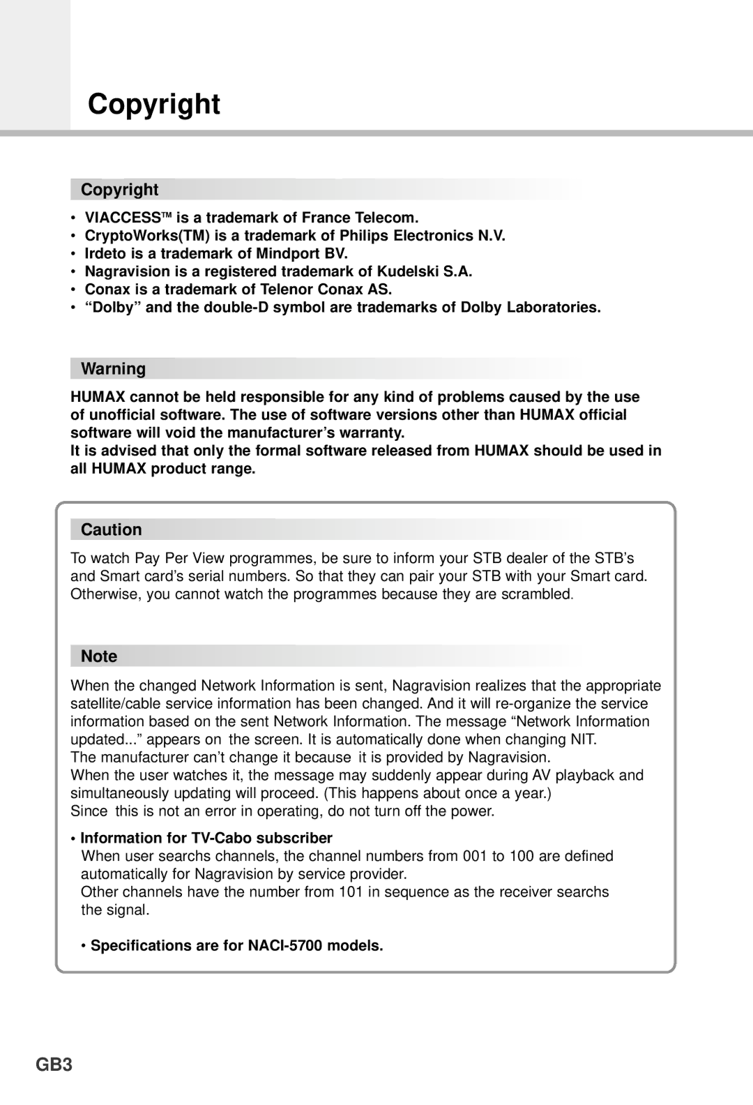 Humax CI-5100, VA-5200, VACI-5300 Copyright, Information for TV-Cabo subscriber, Specifications are for NACI-5700 models 