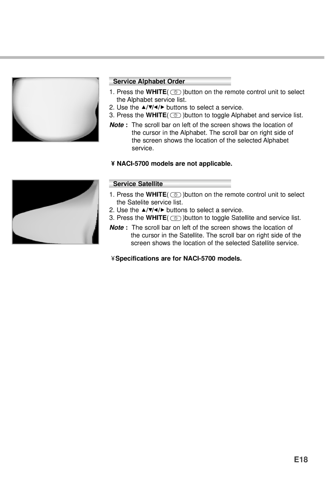 Humax VA-5200 manual E18, Service Alphabet Order, NACI-5700 models are not applicable Service Satellite 