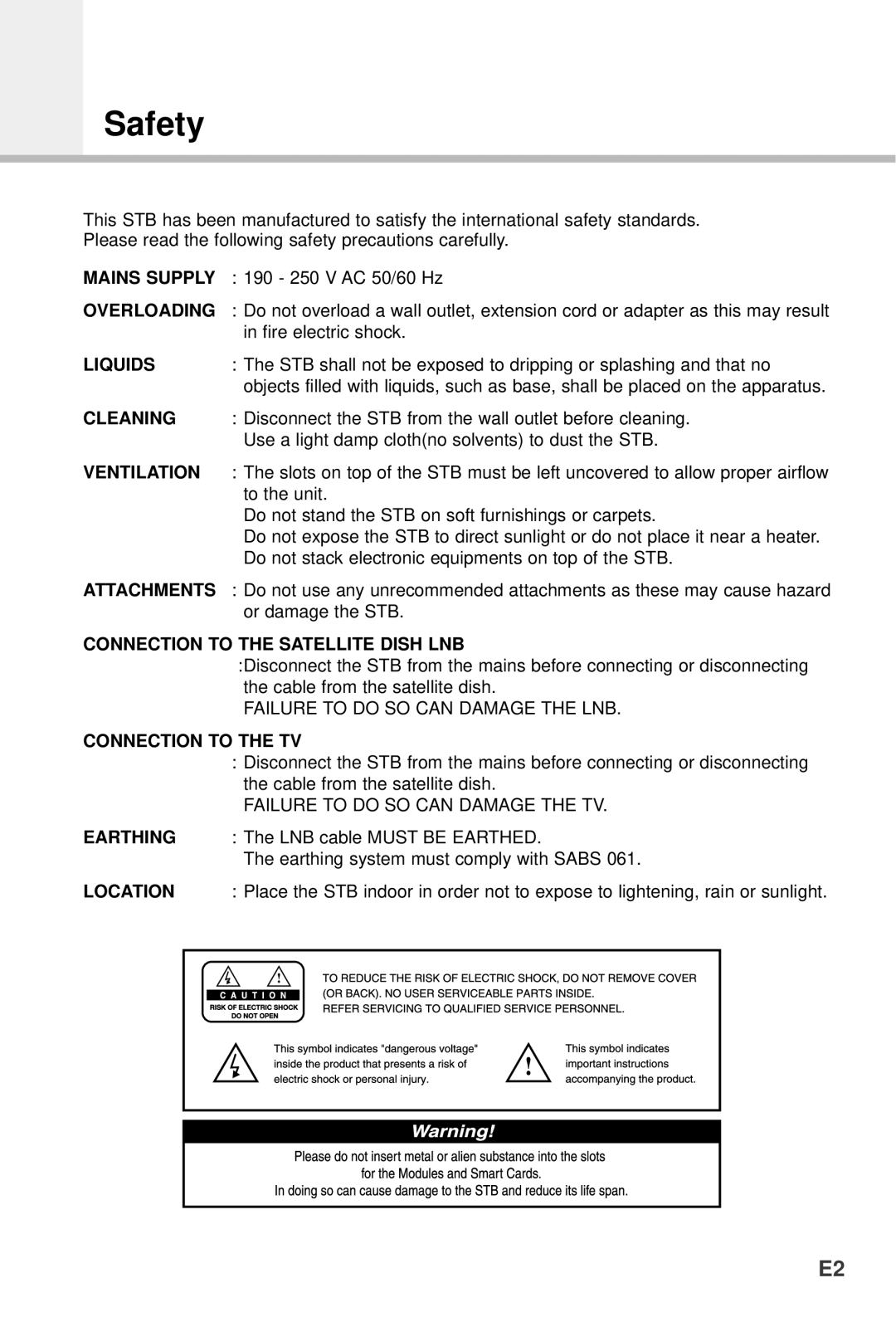 Humax VA-5200 manual Safety, Liquids 