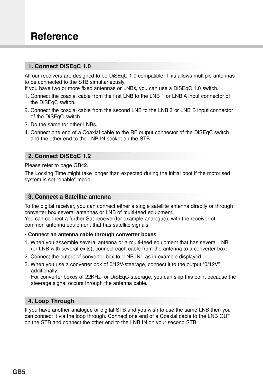 Humax VA-5200 manual Reference, Connect DiSEqC, Connect a Satellite antenna, Loop Through 