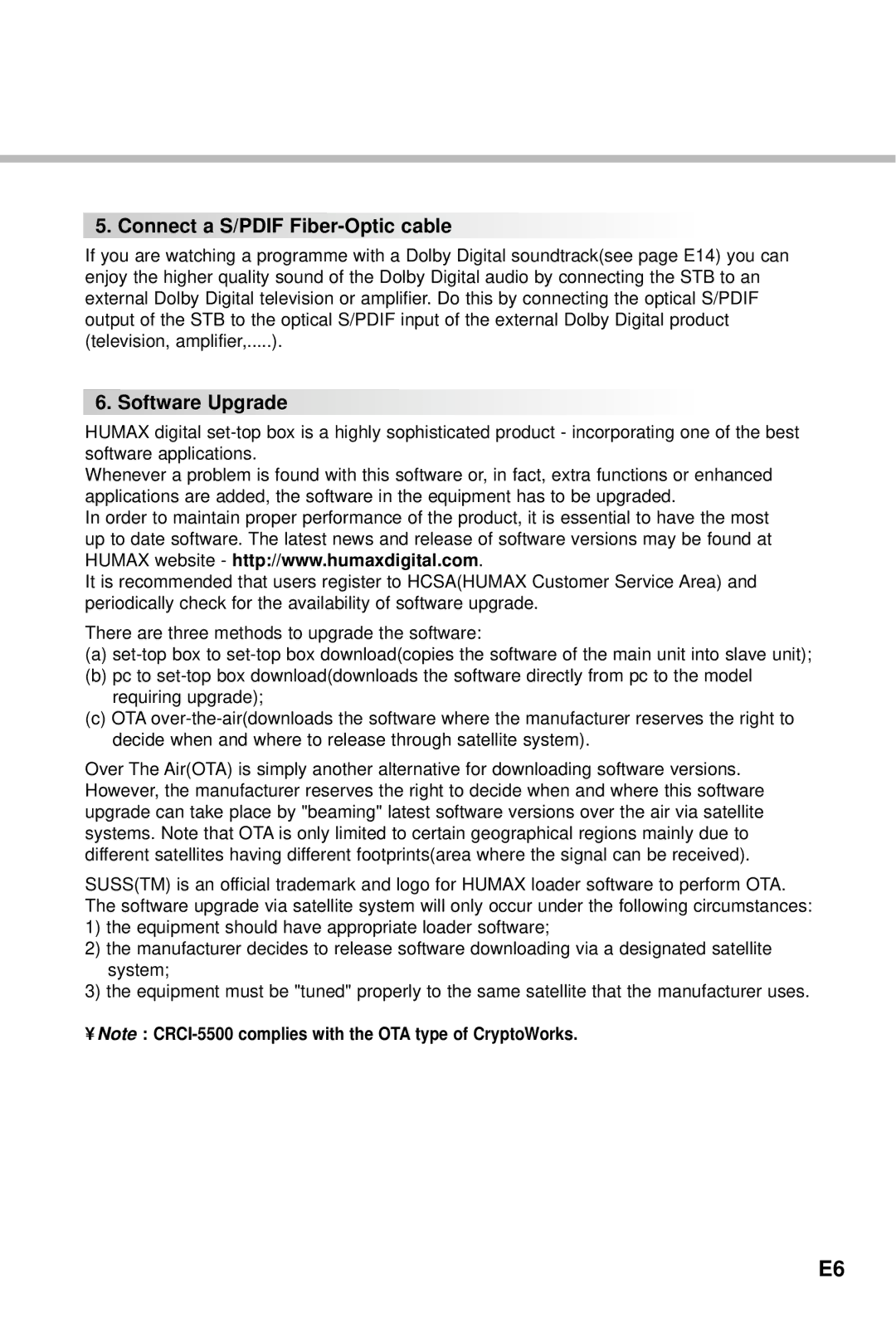 Humax VA-5200 manual Connect a S/PDIF Fiber-Optic cable, Software Upgrade 