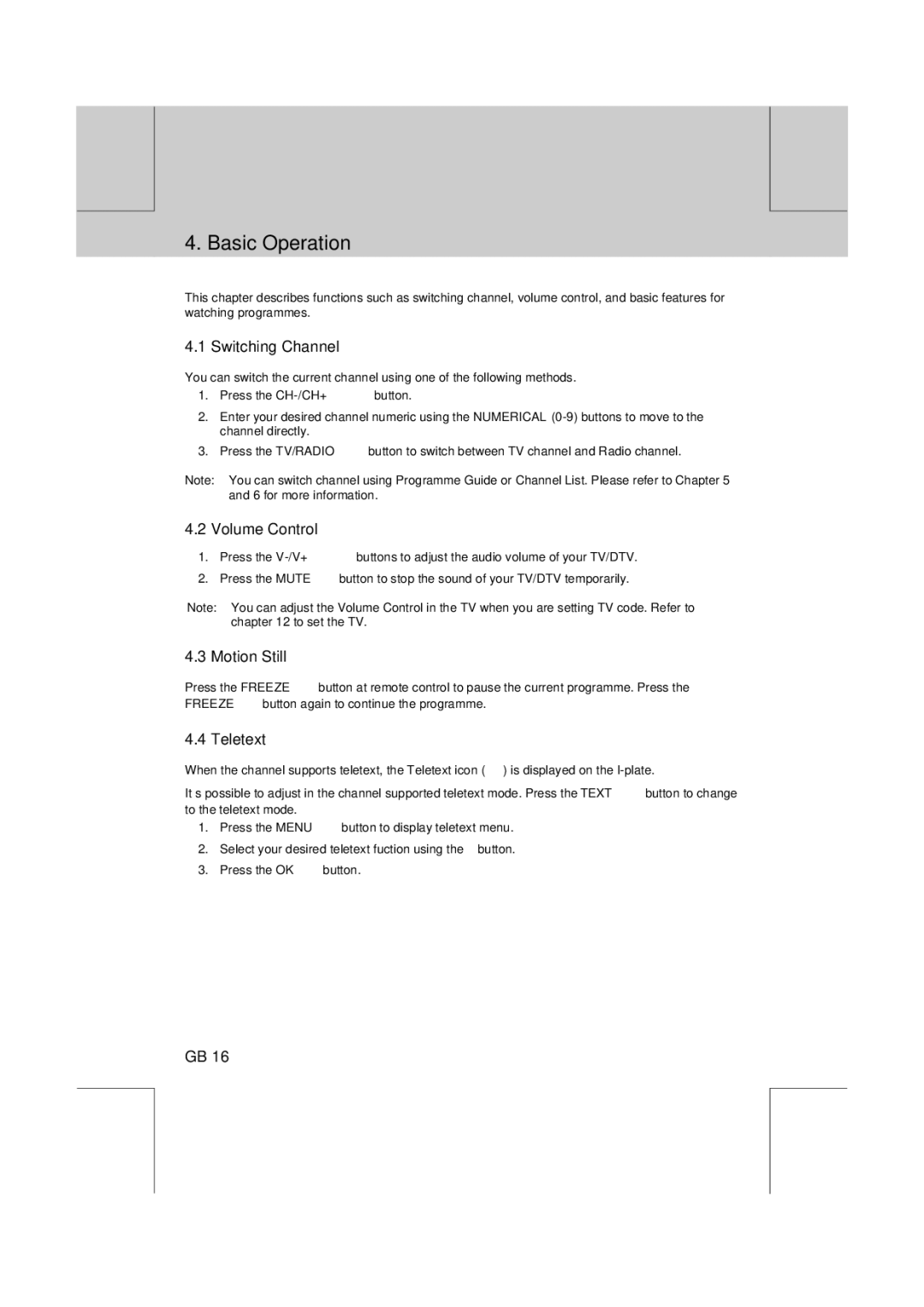 Humax VA-FOX T manual Basic Operation, Switching Channel, Volume Control, Motion Still, Teletext 