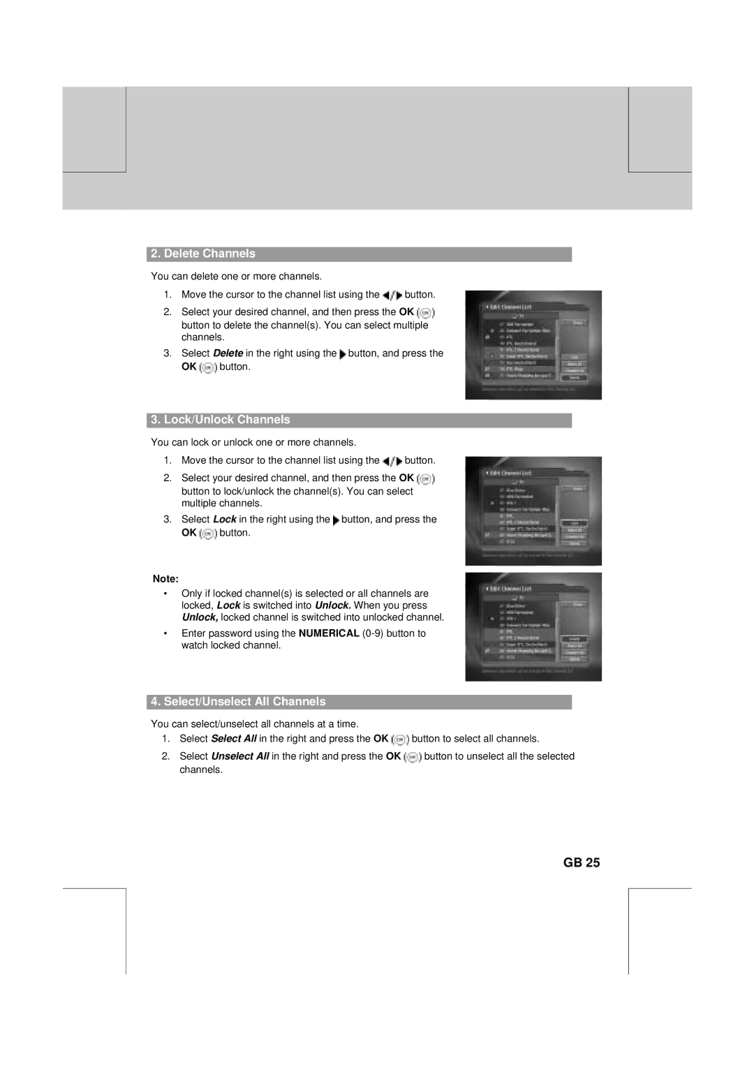 Humax VA-FOX T manual Delete Channels, Lock/Unlock Channels, Select/Unselect All Channels 