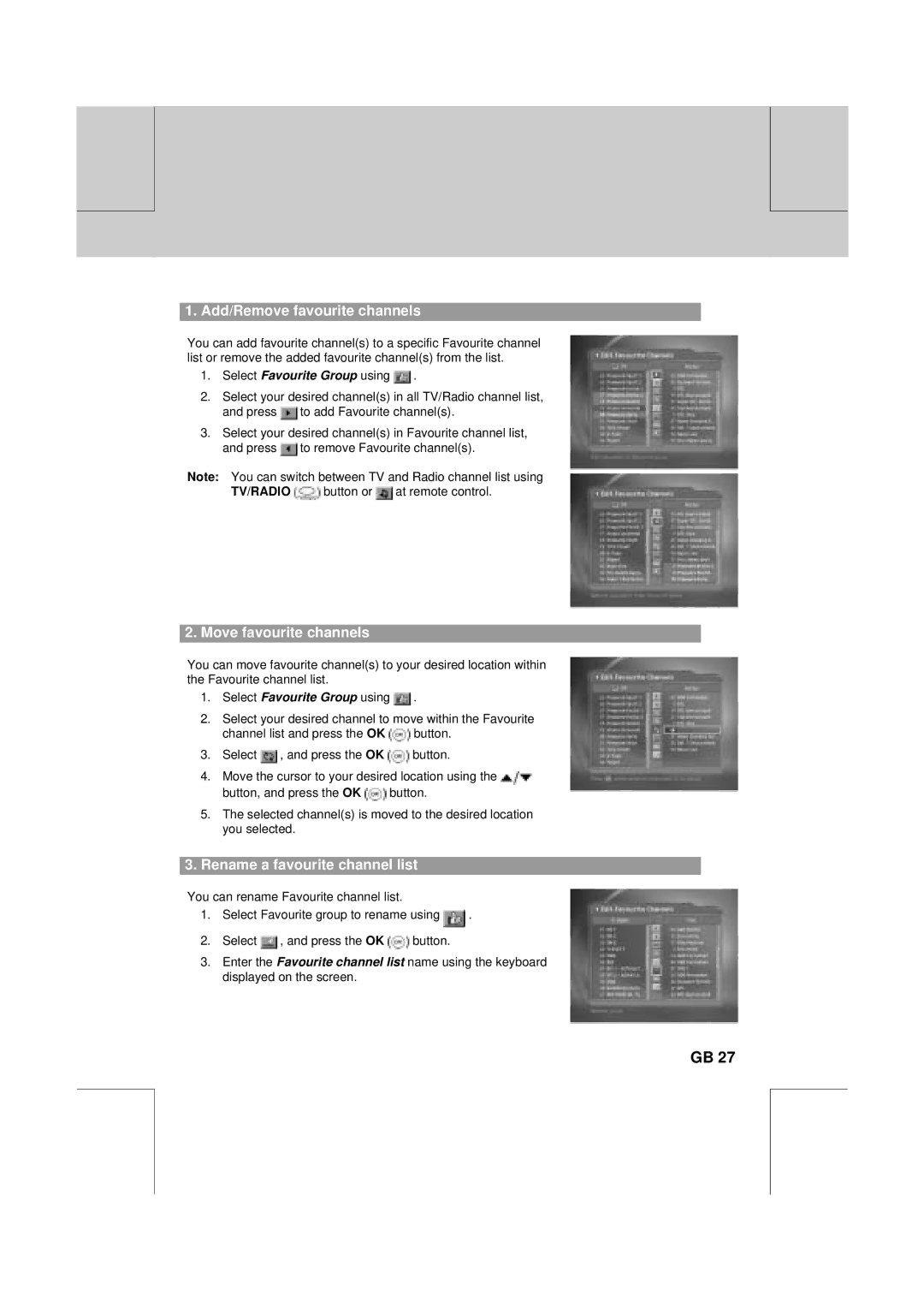 Humax VA-FOX T manual Add/Remove favourite channels, Move favourite channels, Rename a favourite channel list 