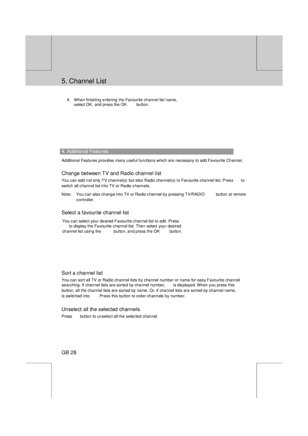 Humax VA-FOX T manual Change between TV and Radio channel list, Select a favourite channel list, Sort a channel list 