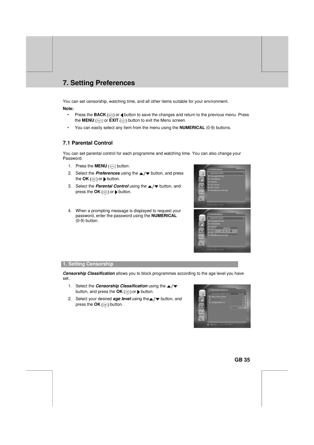 Humax VA-FOX T manual Setting Preferences, Parental Control, Setting Censorship 