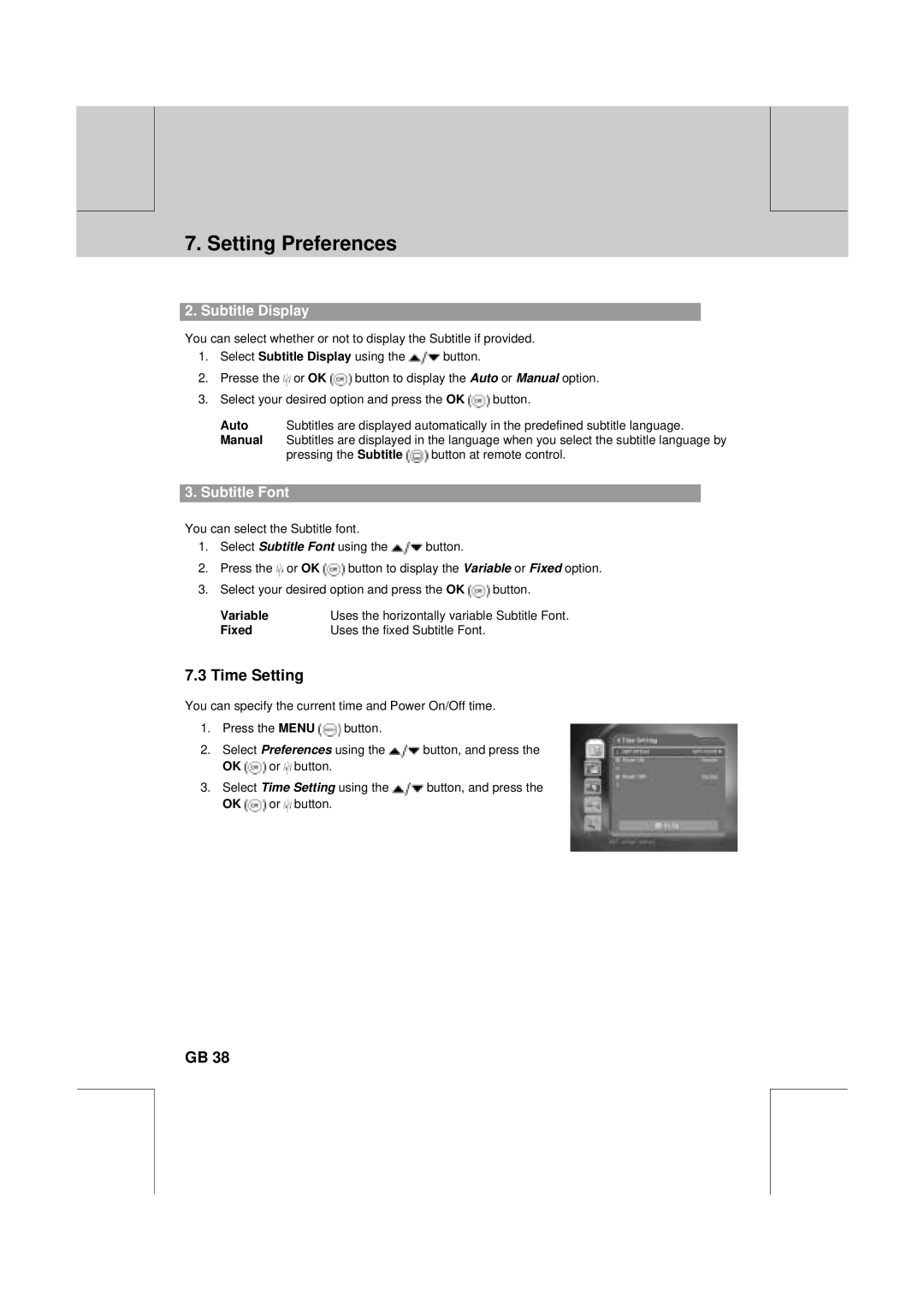 Humax VA-FOX T manual Time Setting, Subtitle Display, Subtitle Font 