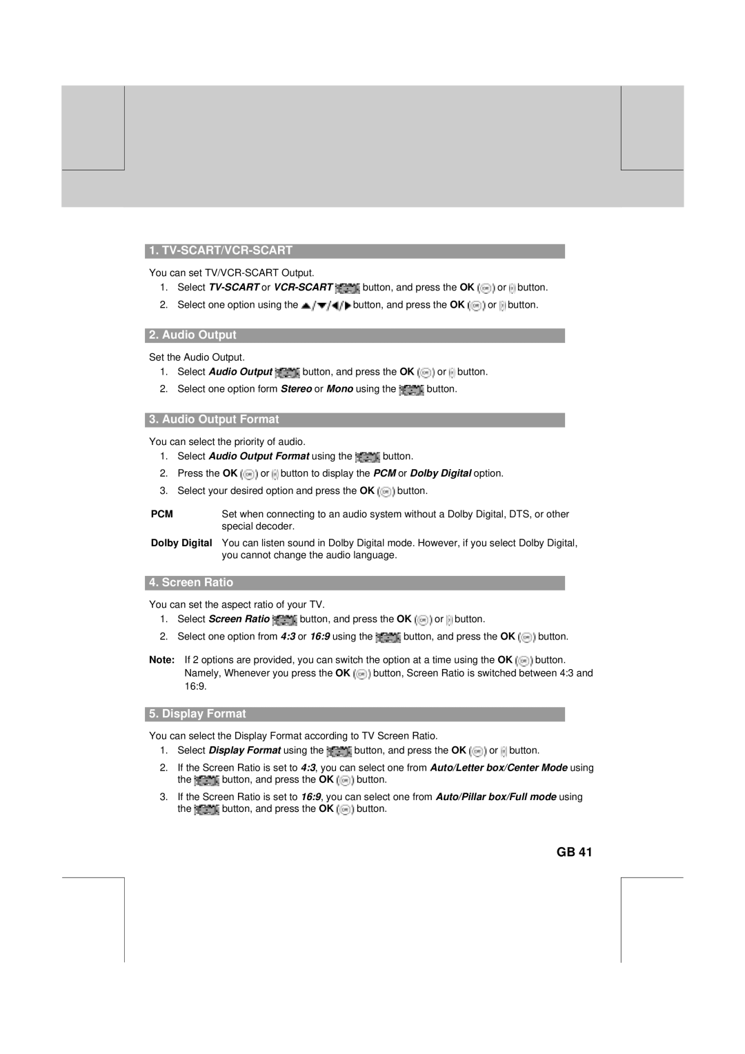 Humax VA-FOX T manual Audio Output Format, Screen Ratio, Display Format, Pcm 