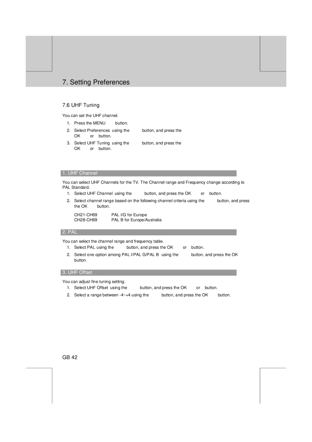 Humax VA-FOX T manual UHF Tuning, UHF Channel, Pal, UHF Offset 