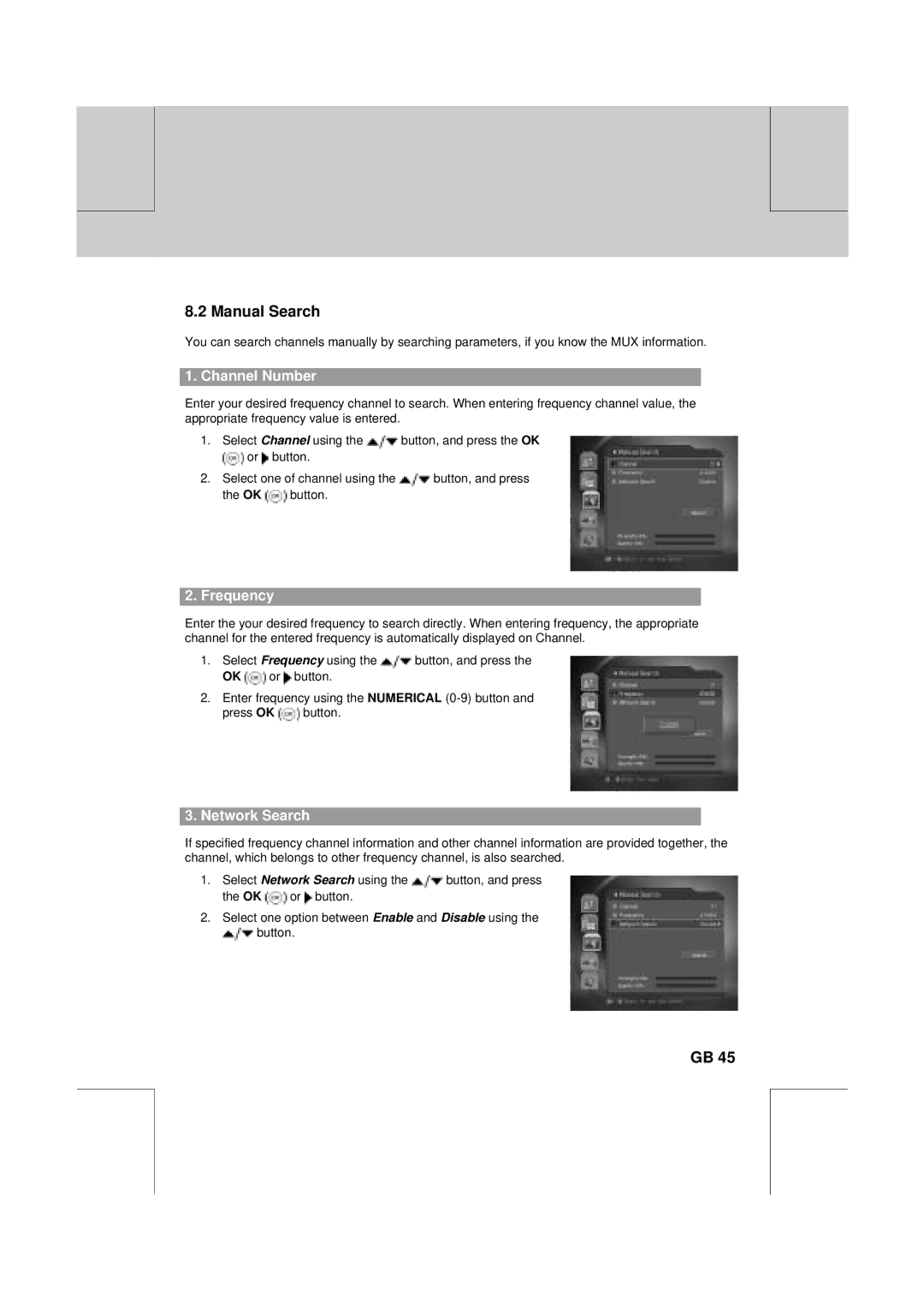 Humax VA-FOX T manual Manual Search, Channel Number, Frequency, Network Search 