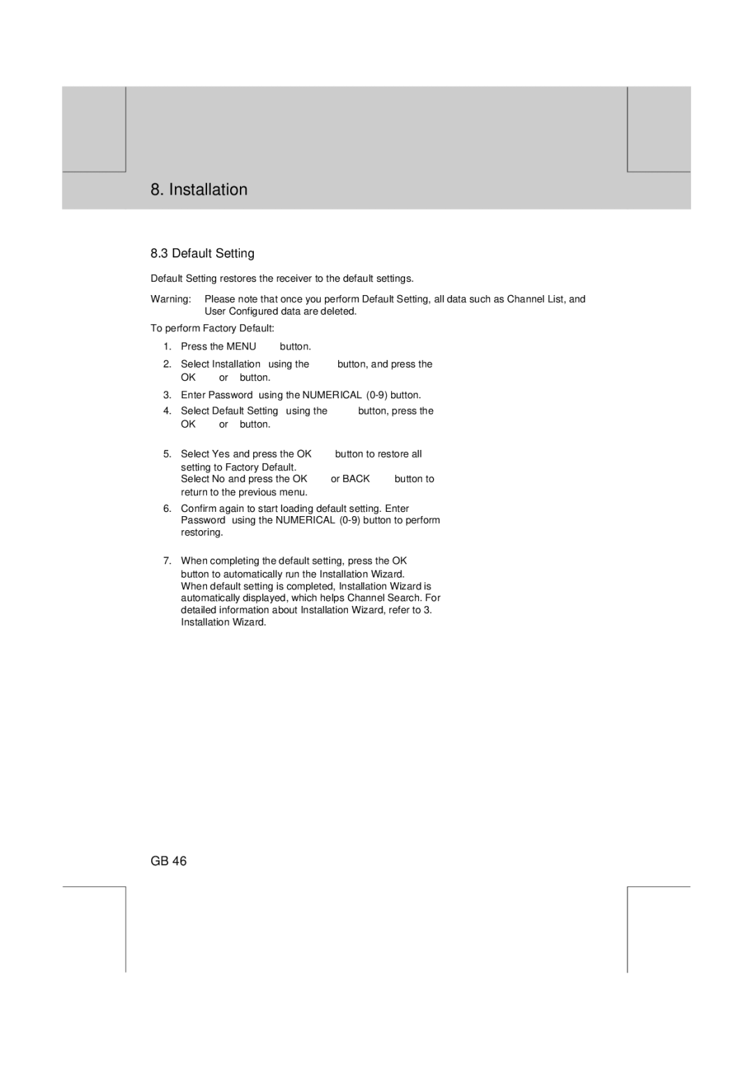 Humax VA-FOX T manual Default Setting 