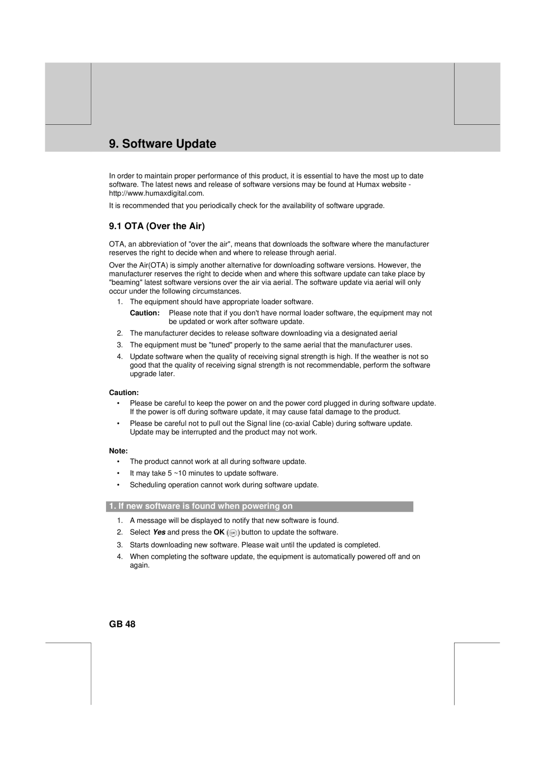 Humax VA-FOX T manual Software Update, OTA Over the Air, If new software is found when powering on 