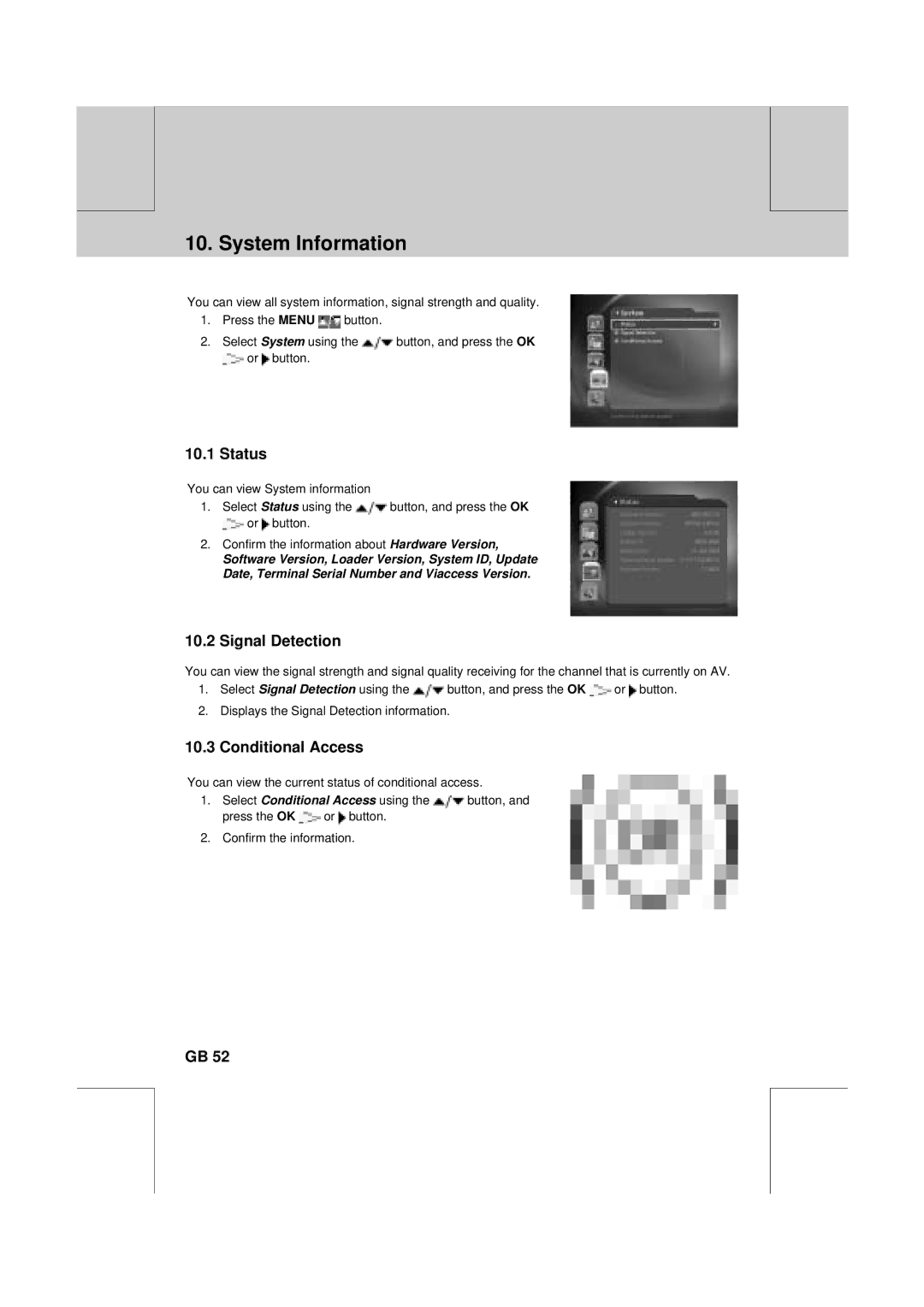 Humax VA-FOX T manual System Information, Status, Signal Detection, Conditional Access 