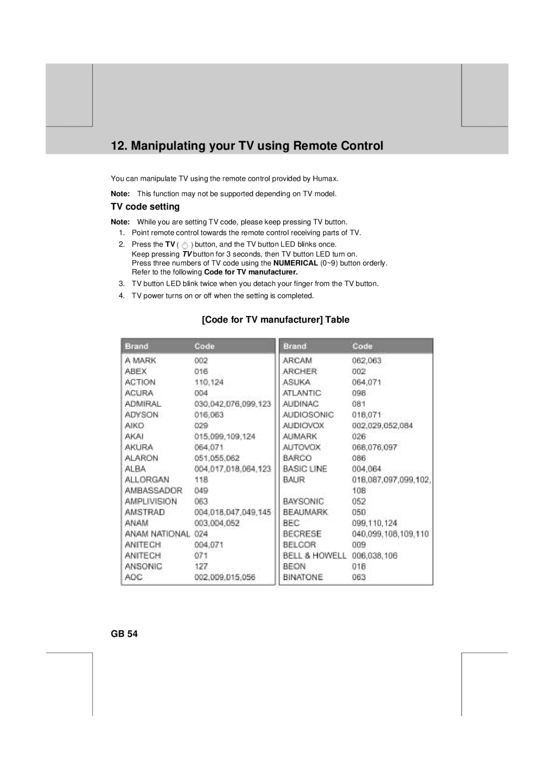 Humax VA-FOX T manual Manipulating your TV using Remote Control, TV code setting, Code for TV manufacturer Table 