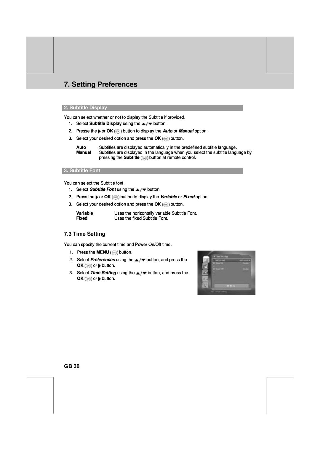 Humax VA-FOX T manual Time Setting, Subtitle Display, Subtitle Font, Setting Preferences 