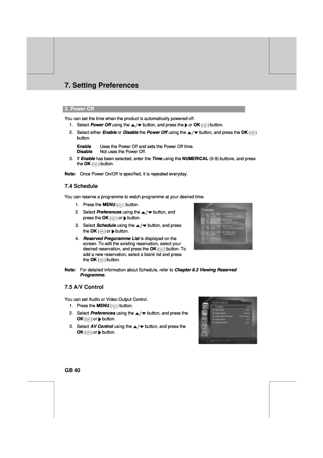 Humax VA-FOX T manual Schedule, 7.5 A/V Control, Power Off, Setting Preferences 
