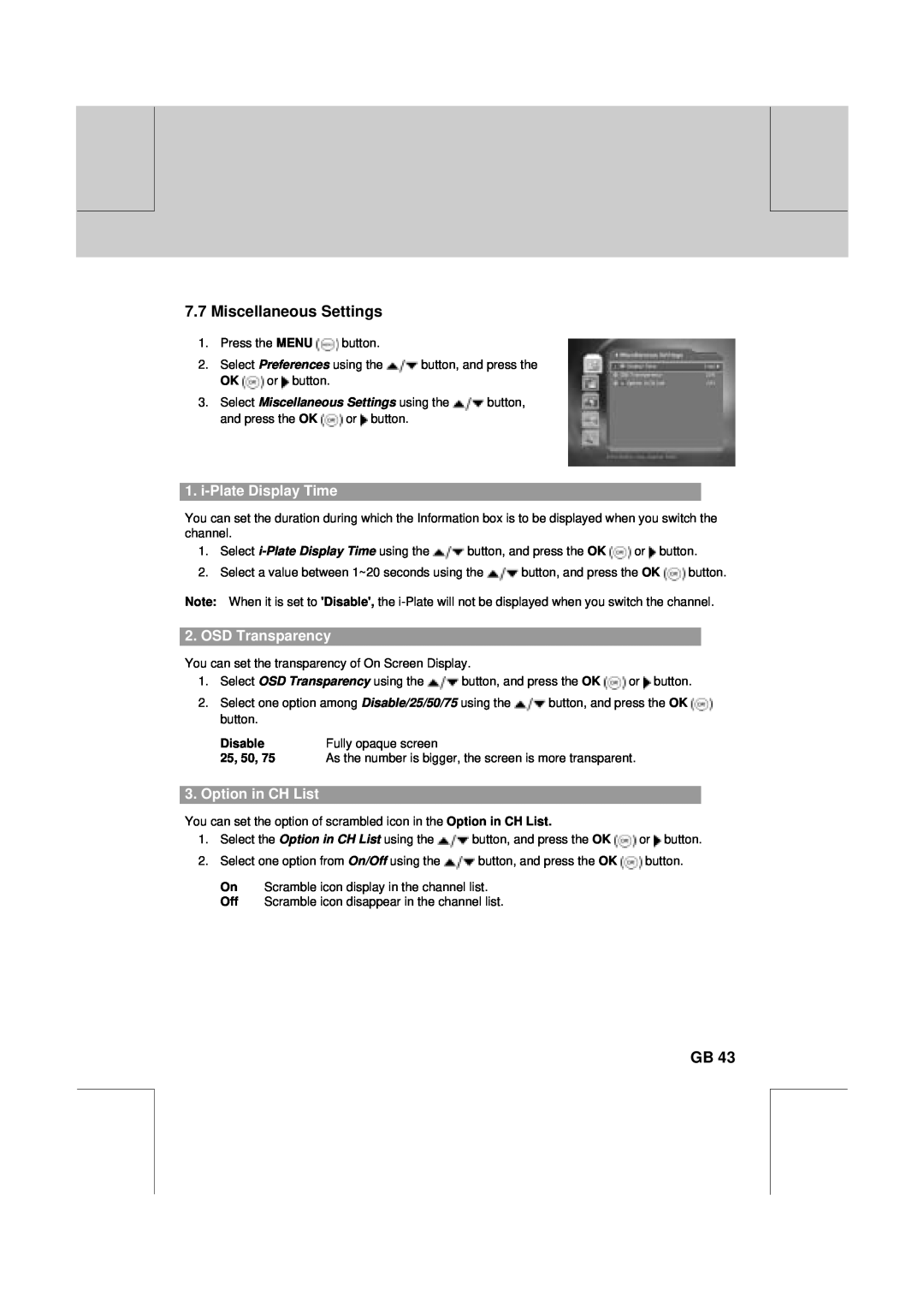 Humax VA-FOX T manual 7.7Miscellaneous Settings, i-PlateDisplay Time, OSD Transparency, Option in CH List 