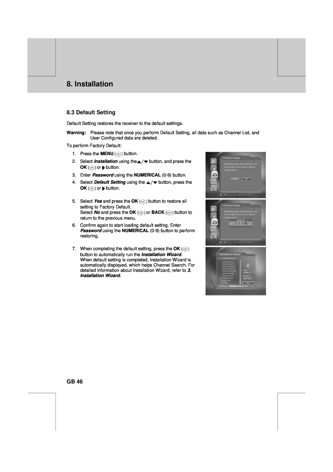 Humax VA-FOX T manual Default Setting, Installation Wizard 