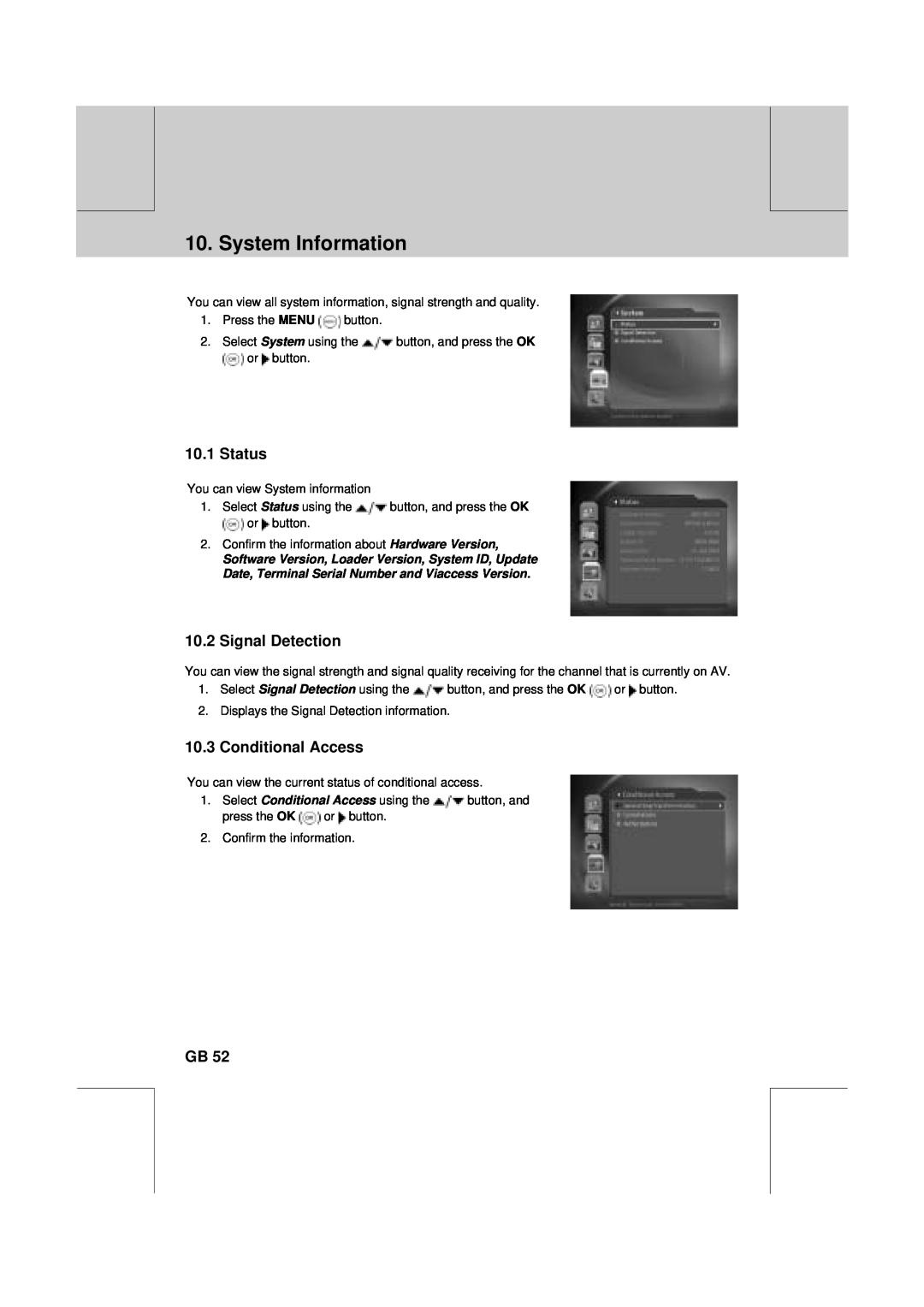 Humax VA-FOX T manual System Information, Status, Signal Detection, Conditional Access 