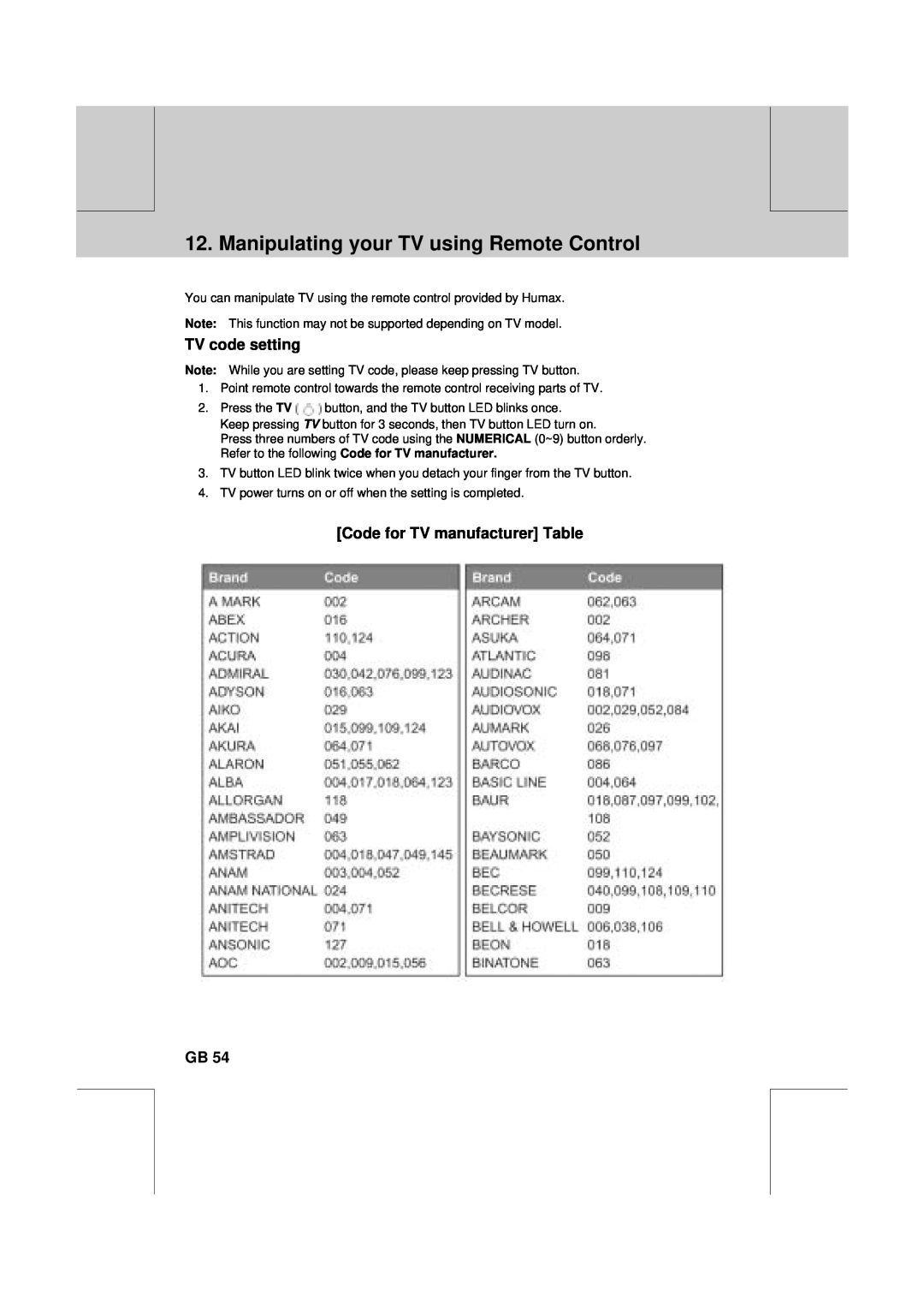 Humax VA-FOX T manual Manipulating your TV using Remote Control, TV code setting, Code for TV manufacturer Table GB 