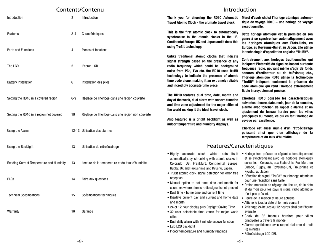 Hummer RD10 owner manual Contents/Contenu Introduction, Features/Caractéristiques 