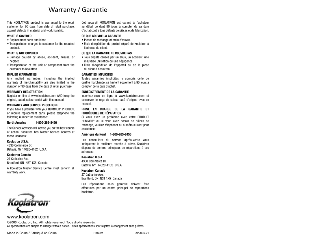 Hummer RD10 owner manual Warranty / Garantie, Commerce Dr Batavia, NY 14020-4102 U.S.A 