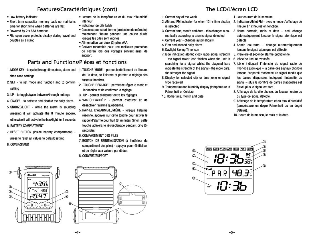Hummer RD10 owner manual Features/Caractéristiques cont, The LCD/L’écran LCD, Parts and Functions/Pièces et fonctions 