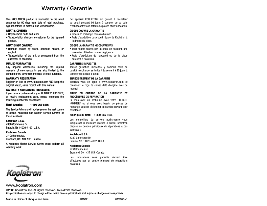 Hummer RD10 owner manual Warranty / Garantie 