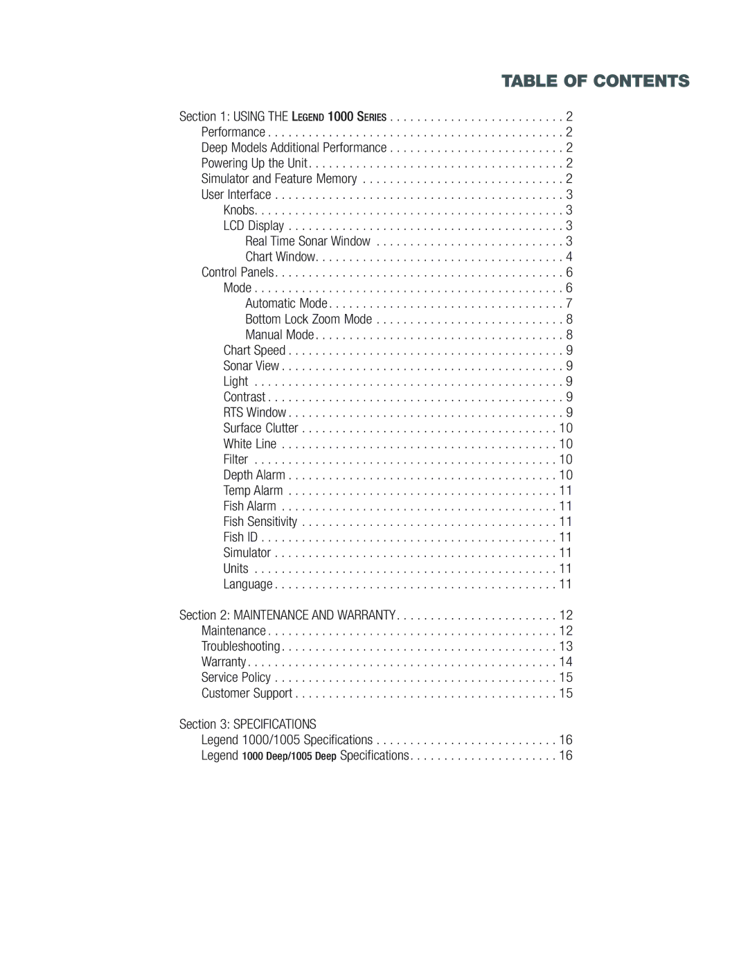 Humminbird 1000 manual Table of Contents 