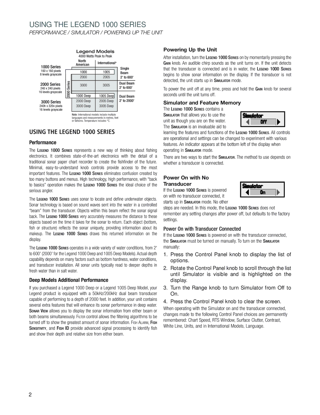 Humminbird manual Using the Legend 1000 Series, Power On with Transducer Connected, Powering Up the Unit 