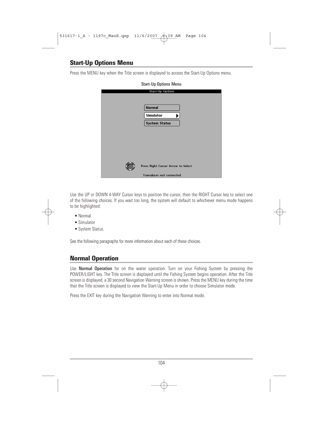 Humminbird 1197C SI warranty Start-Up Options Menu, Normal Operation, 104 