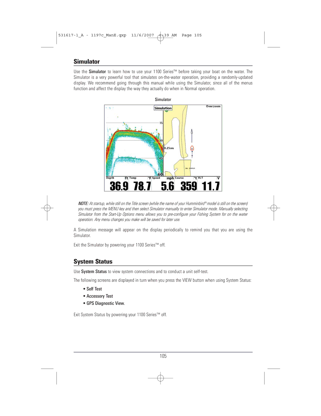 Humminbird 1197C SI warranty Simulator, System Status, 105 