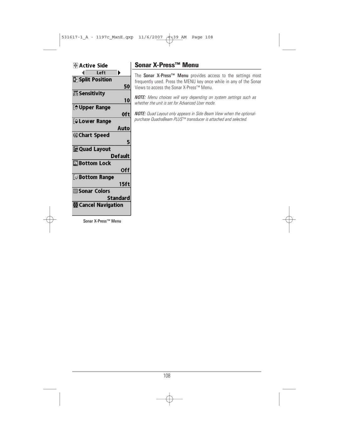 Humminbird 1197C SI warranty Sonar X-Press Menu, 108 