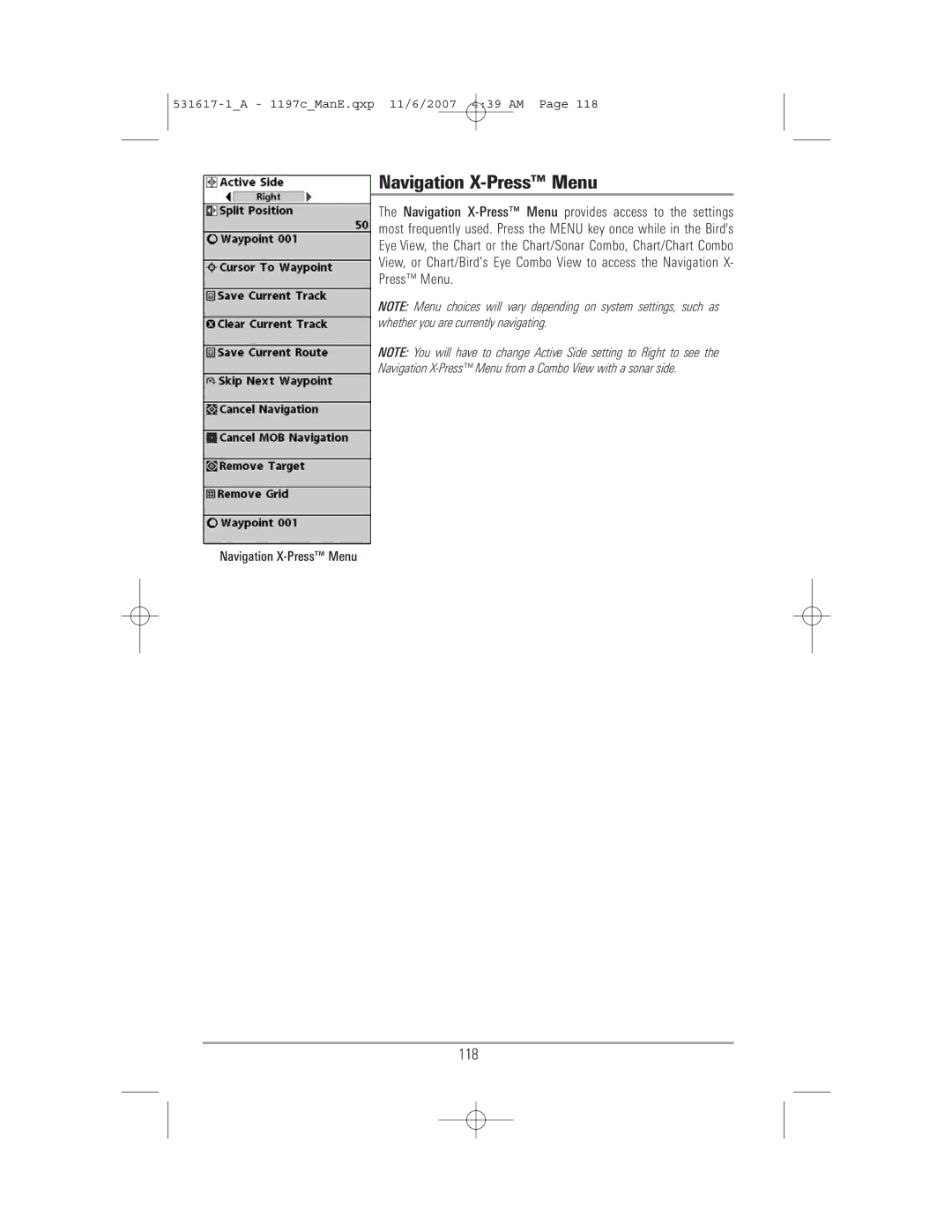 Humminbird 1197C SI warranty Navigation X-Press Menu, 118 