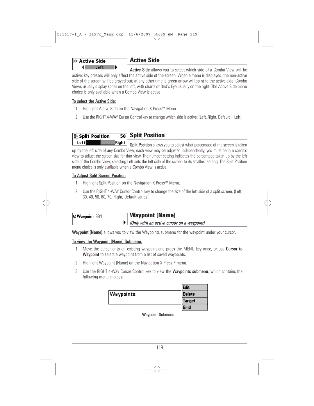 Humminbird 1197C SI warranty Waypoint Name, Only with an active cursor on a waypoint 