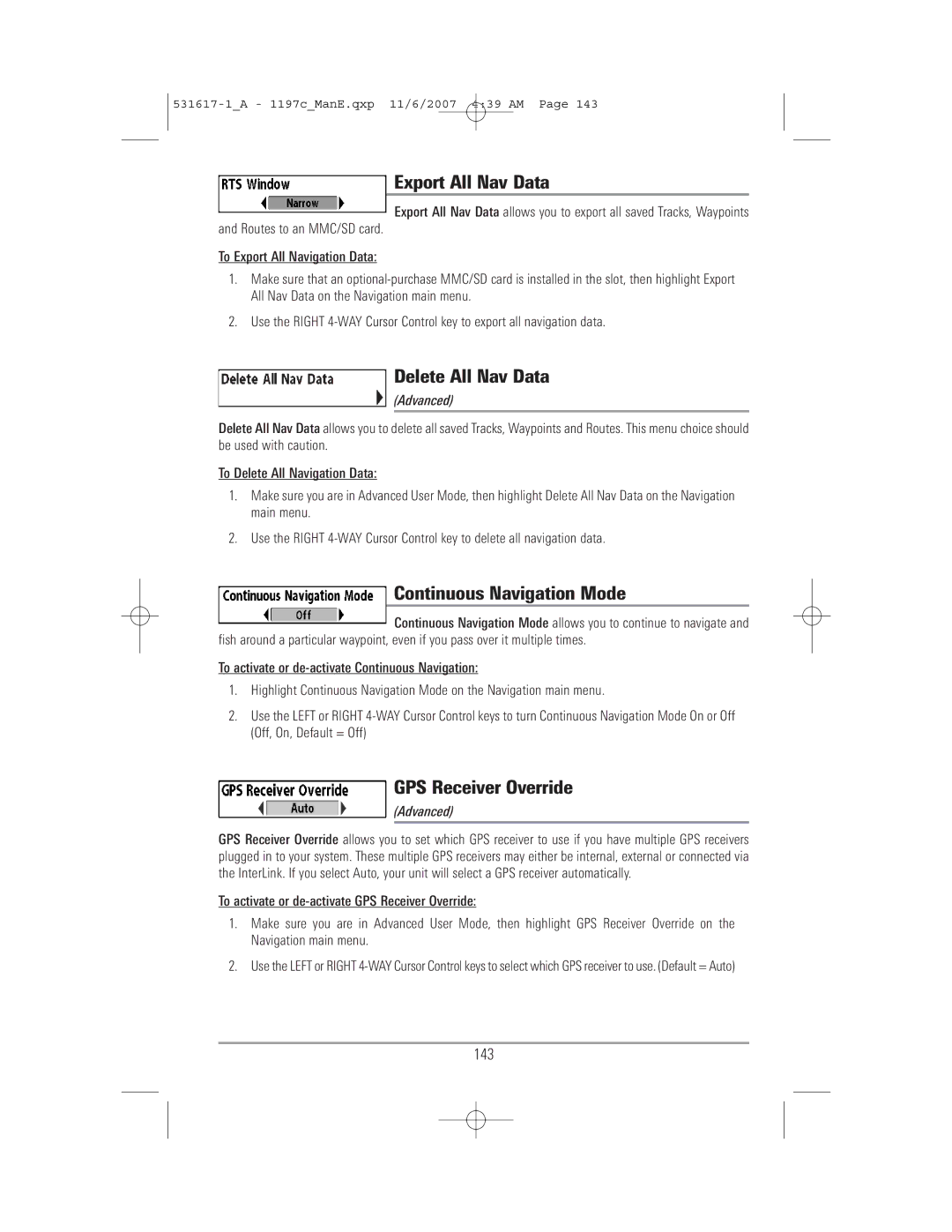 Humminbird 1197C SI Export All Nav Data, Delete All Nav Data, Continuous Navigation Mode, GPS Receiver Override, 143 