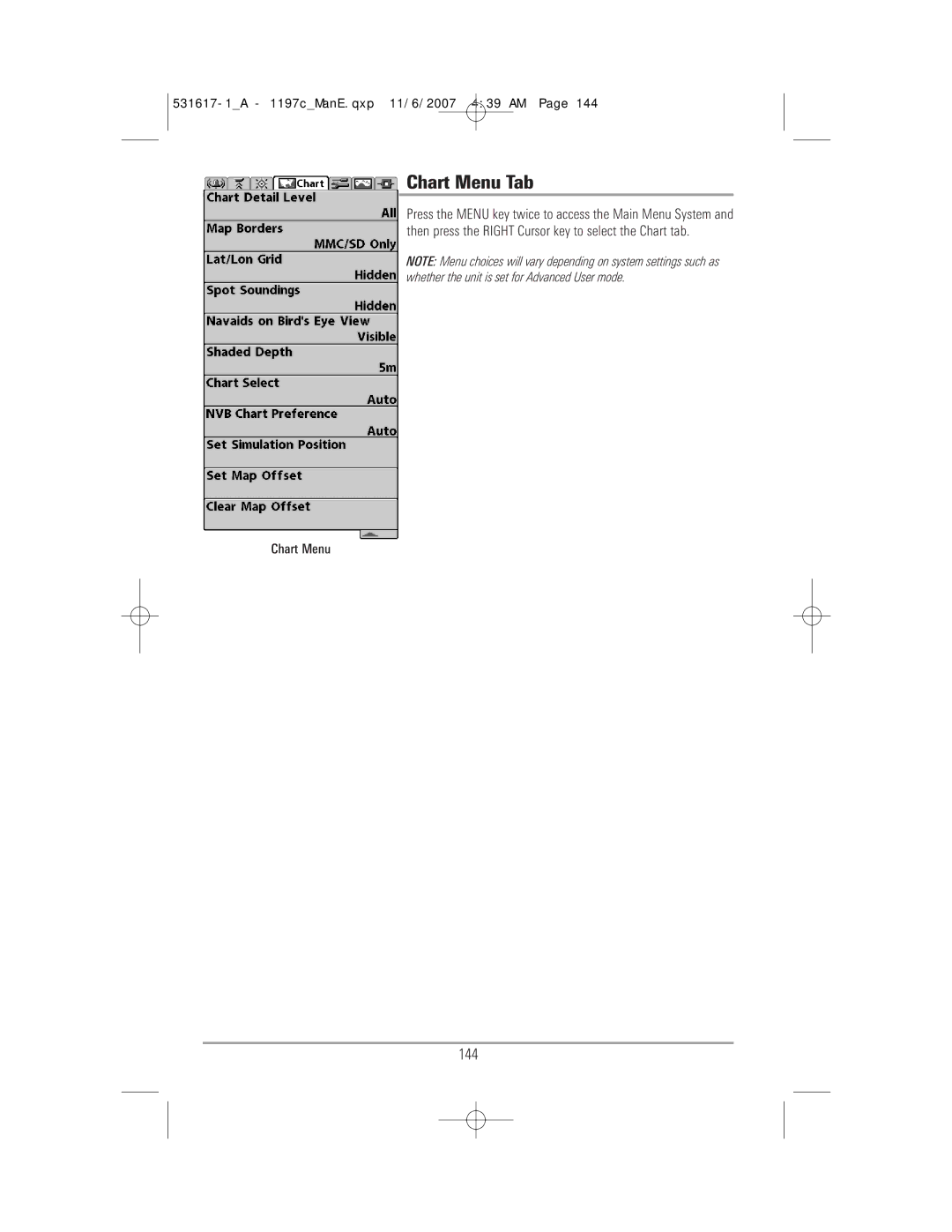 Humminbird 1197C SI warranty Chart Menu Tab, 144 