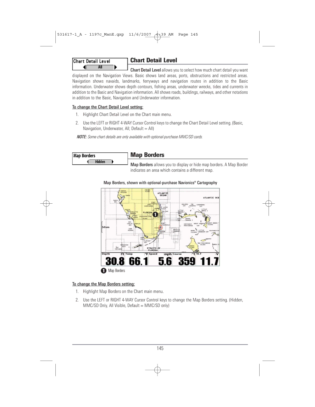 Humminbird 1197C SI warranty Chart Detail Level, Map Borders, 145 