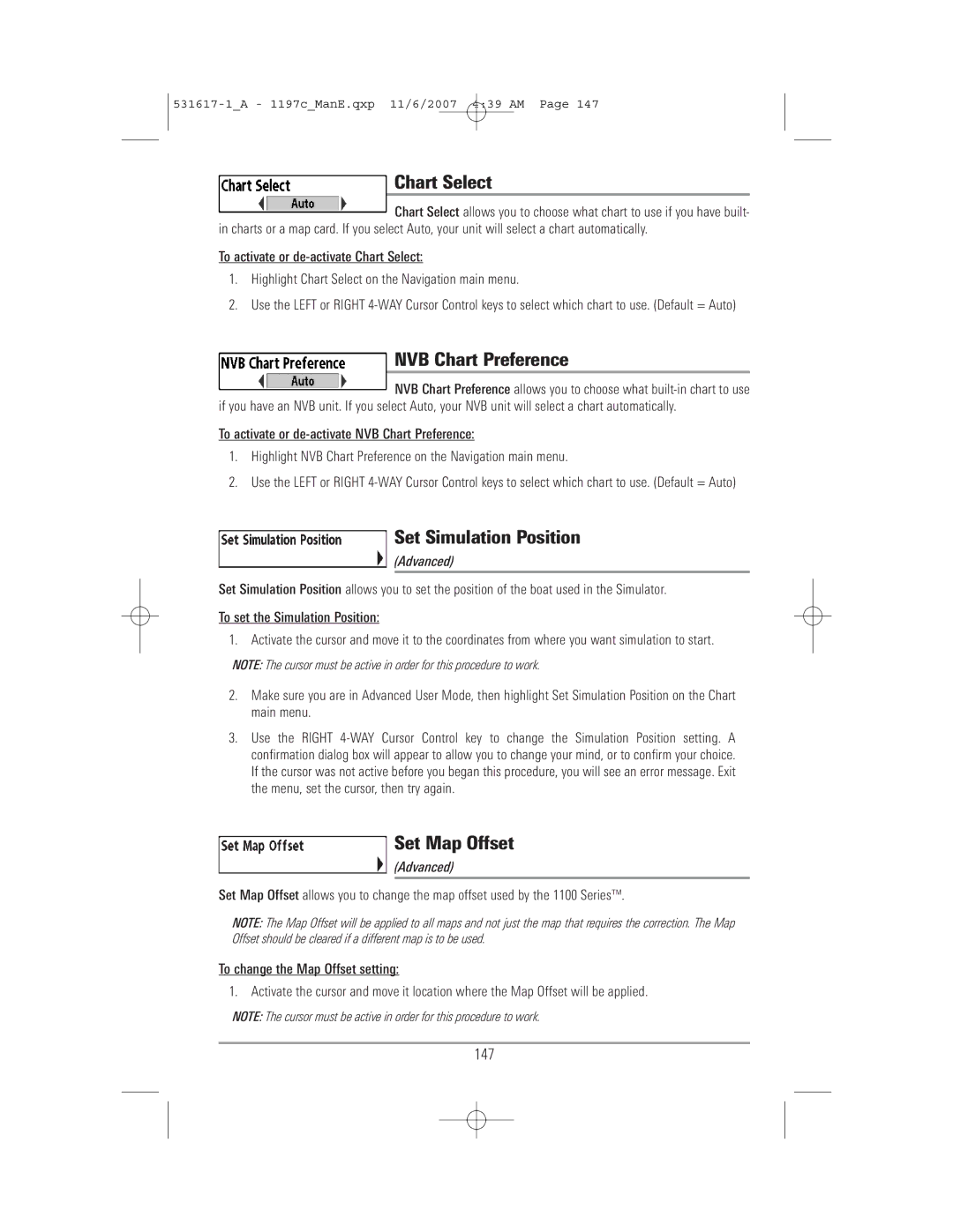 Humminbird 1197C SI warranty Chart Select, NVB Chart Preference, Set Simulation Position, Set Map Offset, 147 