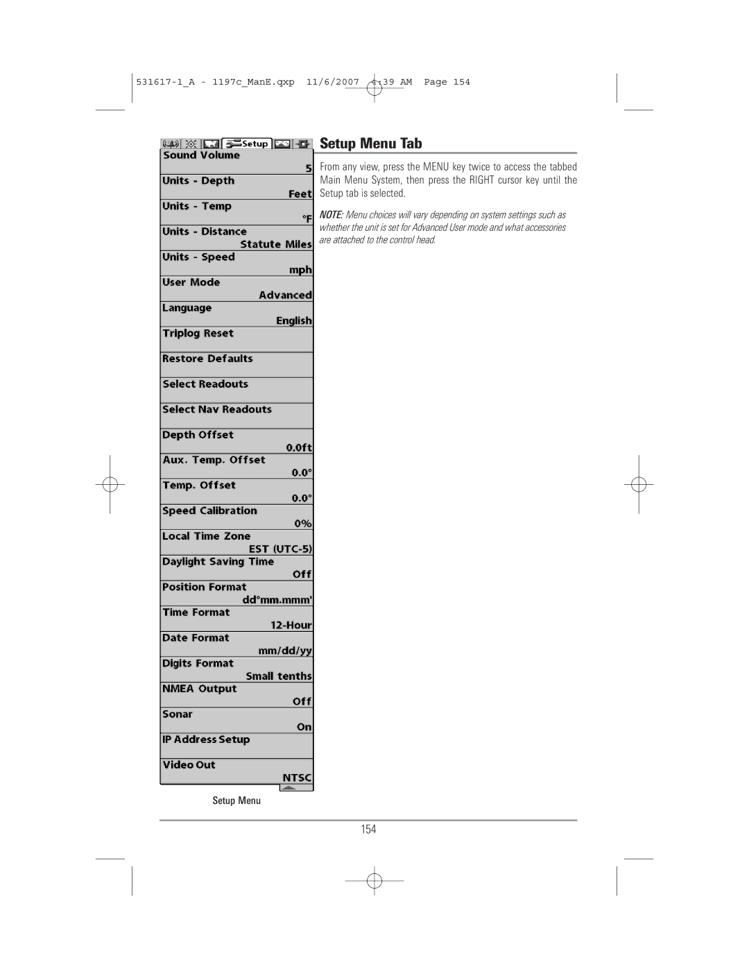 Humminbird 1197C SI warranty Setup Menu Tab, 154 