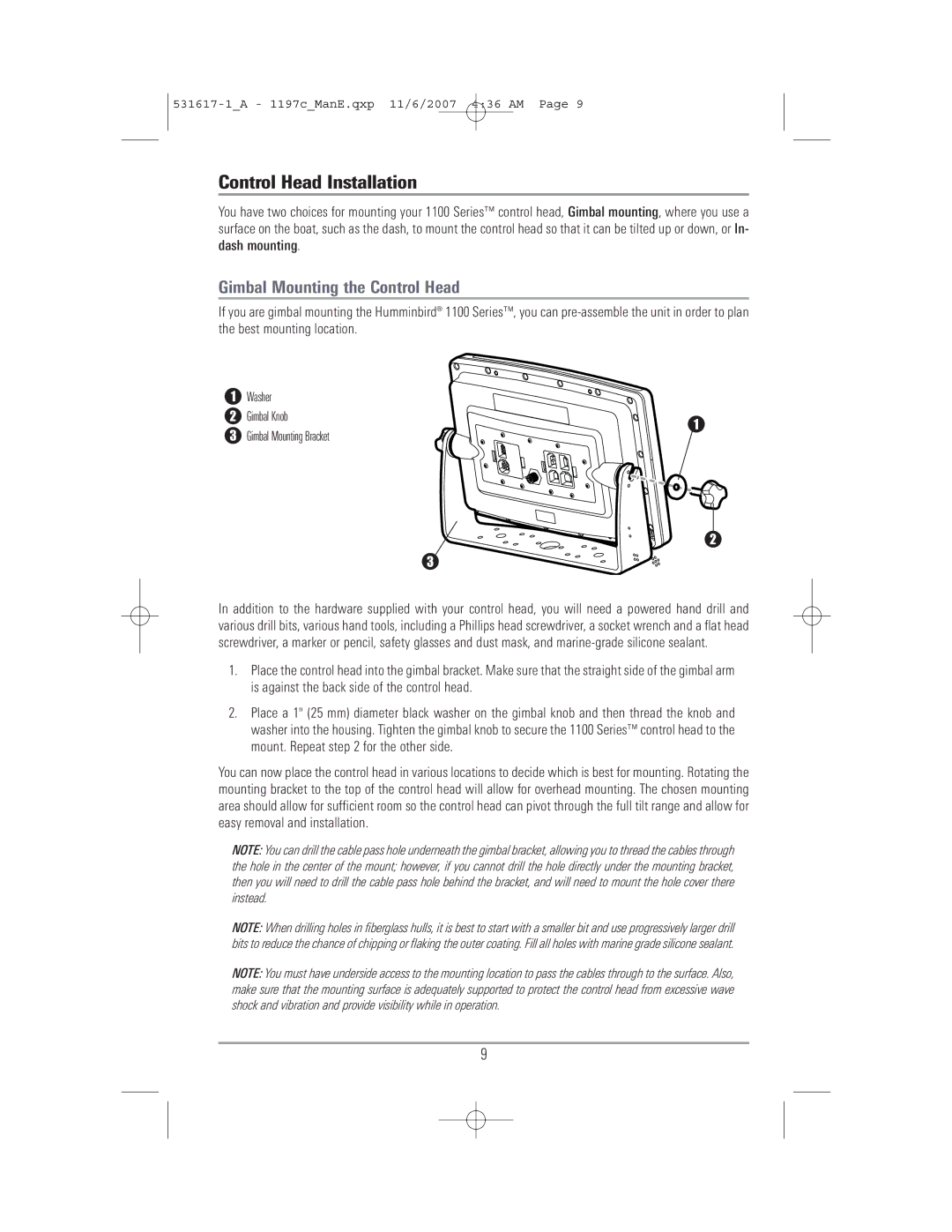 Humminbird 1197C SI warranty Control Head Installation, Gimbal Mounting the Control Head 